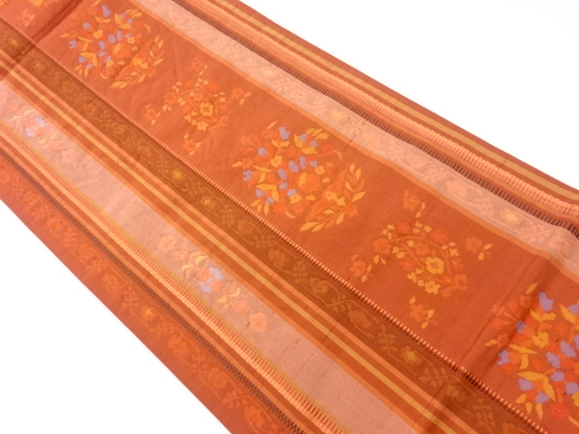 リサイクル　手織り紬縞に草花模様織出し洒落袋帯